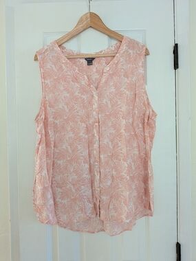 Eddie Bauer Womens Pink Floral Leaf Print Sleeveless Button Up Shirt Top Sz 2XL